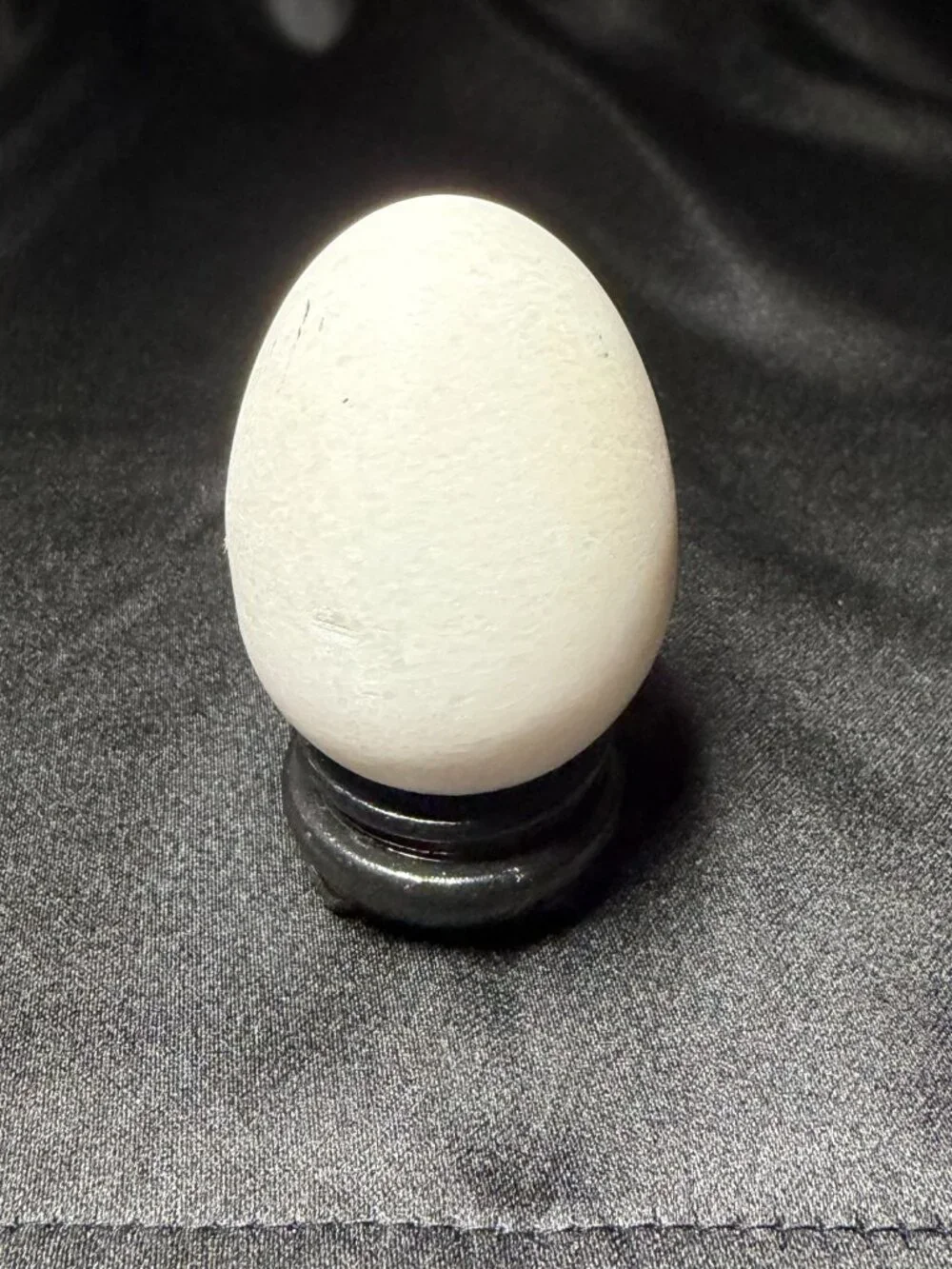 Vtg Snow Quartz Stone Egg Wooden Stand Natural Milky White Translucent 2.5
